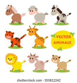 Vector illustration of cute animal set including tiger, giraffe, caw, zebra, leopard, lion, and sheep. Vector animals. EPS 8.Vector animal set.