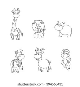 Vector illustration of cute animal set including giraffe, lion, Hippo, Zebra, Goat and Monkey.