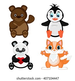 Vector illustration of cute animal set including penguin, bullfinch, monkey, giraffe, fox, bear, panda. Cartoon animal character and cartoon cute animal set. Zoo wild animal collection.