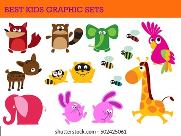 Vector illustration of cute animal set including elephant,fox,raccoon,bunny,bees,deer - Shutterstock ID 502425061
