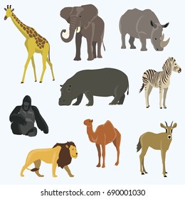 Vector illustration of cute animal set including monkey, giraffe, elephant, zebra, tiger, hippopotamus, antelope, deer, lion