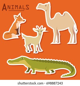 Vector illustration of cute animal set including fox, camel, goat and crocodile.