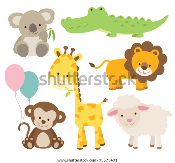 Vector illustration of\
cute animal set including koala, crocodile, giraffe, monkey, lion,\
and sheep.