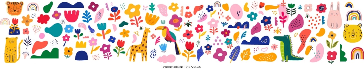 Vector illustration with cute animals, abstract elements and flowers. Nursery baby pattern illustration	