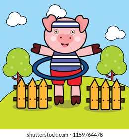 vector illustration of cute animals activity, pig playing hula hoop on the park,sport drawing concept for children and kids learning supplies