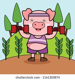 vector illustration of cute animals activity, pig doing weightlifting on the park, sport drawing concept for children and kids learning supplies