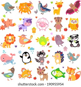 Vector illustration of cute animals and birds: Yak, quail, giraffe, vampire bat, cow, sheep, bear, owl, raccoon, hedgehog, whale, panda, lion, deer, x-ray fish, fox, dove, crow, chicken, duck, quail