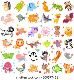 Vector Illustration Of Cute Animals And Birds: Quail, Giraffe, Vampire Bat, Cow, Sheep, Bear, Owl, Whale, Panda, Lion, Fox, Quail, Tiger, Turtle, Kangaroo, Monkey, Jellyfish, Unicorn, Numbat, Jungle