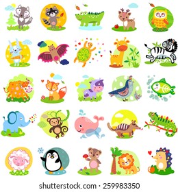 Vector illustration of cute animals and birds: wolf, raccoon, alligator, deer, owl, rabbit, bat, turtle, giraffe, zebra, yak, fox, cow, quail, bird, elephant, monkey, whale, numbat, iguanas, sheep