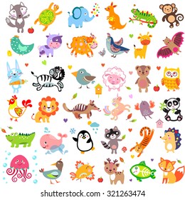 Vector illustration of cute animals and birds: Y oon, hedgehog, whale, panda, lion, deer, x-ray fish