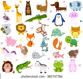 Vector illustration of cute animals and birds: alligator, Fox, giraffe, bear, cat, dog, elephant, frog, chicken, Zebra, turtle, rabbit, iguana, monkey, whale, unicorn, Koala, penguin