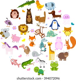 Vector illustration of cute animals and birds: alligator, Fox, giraffe, bear, cat, dog, elephant, frog, chicken, Zebra, turtle, rabbit, iguana, monkey, whale, unicorn, Koala, penguin - Shutterstock ID 394072096
