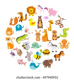 Vector illustration of cute animals and birds: alligator, Fox, giraffe, bear, cat, dog, elephant, Zebra, turtle, rabbit, iguana, monkey, whale, unicorn, Koala