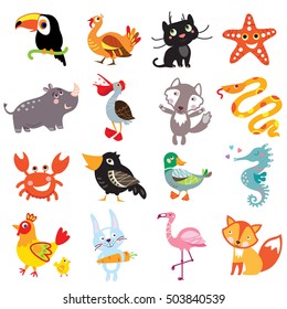 Vector illustration of cute animals and birds set: toucan, turkey, panther, cat, starfish, rhinoceros, pelican, wolf, boa constrictor, crab, crow, duck, sea horse, rooster, hare, rabbit, flamingo, fox