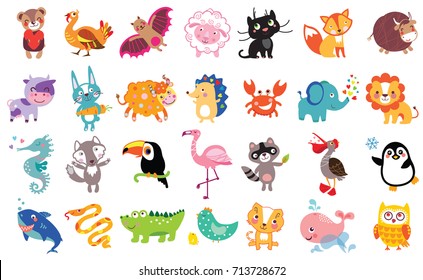 Vector illustration of cute animals and birds set: bear, turkey, bat, sheep, panther, fox, bull, cow, hare, toucan, flamingo, shark, owl, pelican, crab, lion, sea horse, wolf, raccoon, whale, boa.