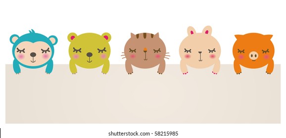 Vector Illustration of cute animals with blank sign.bear,cat,rabbit,pig and monkey.