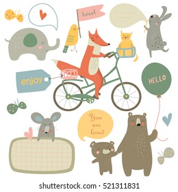 Ilustración vectorial de animales lindos con burbujas para colocar cualquier texto.