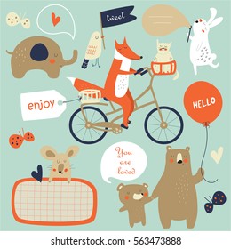Vector illustration of cute animals with bubbles for placing any text. 