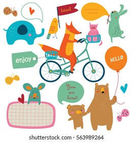 Vector illustration of cute animals with bubbles for placing any text. 