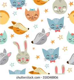 vector illustration. cute animals. cats, foxes, wolves, birds and rabbits. pattern with animals. 