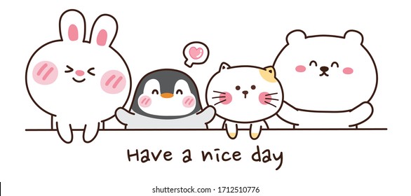 Vector Illustration of cute animals hand drawn with have a nice day text banner.Cartoon character design.Rabbit,penguin,cat,bear doodle.Kawaii.Image for web banner,kid wear,card,poster,background.