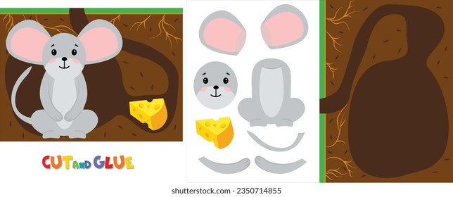 Vector illustration cute animals in hole. Blank burrow. Feed cheese Worksheet for toddler. Busy quiet book for 1-4 years. Printable page, build the little mouse. Mom cuts, baby glues it. Simple image