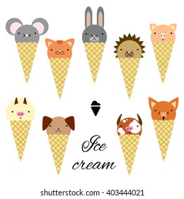 vector illustration / cute animals in ice cream cones