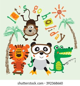 Vector illustration of cute animals including tiger monkey panda bear crocodile. Typography and animal illustration Print design idea for jersey fabrics. Vector design for your projects.