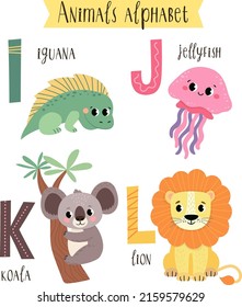 vector illustration of cute animals from I to L. Children's alphabet in pictures.
