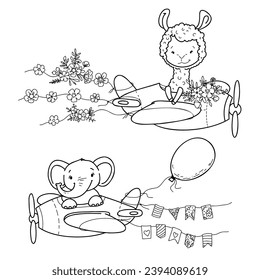 Vector illustration of cute animals on helicopters with flowers and flags