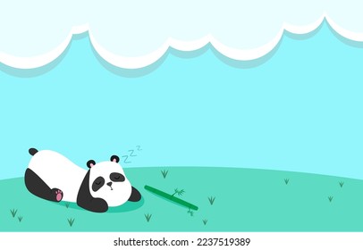 ilustración vectorial animales lindos Un panda durmiendo en un campo verde en un buen día con un cielo despejado.  Después de comer ramas de bambú hasta que estén llenas