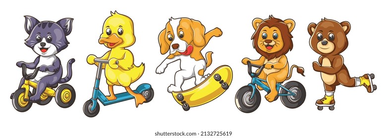 vector illustration of cute animals playing bicycles, roller skates, scooters and skateboards. For t-shirts, stickers and other similar products.