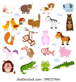 Vector illustration of cute animals: sheep, cow, Yak, horse, bear, pig, fish, chicken, rooster, cat, Zebra, Hippo, iguana, squirrel, hedgehog, monkey, crocodile, elephant, unicorn, vulture, frog