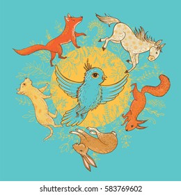 Vector illustration of cute animals, vernal bird inside floral wreath. Hand drawn postcard. Template for graphic design, invitations.