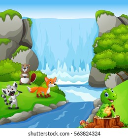 Vector illustration of Cute animals with waterfall landscape background