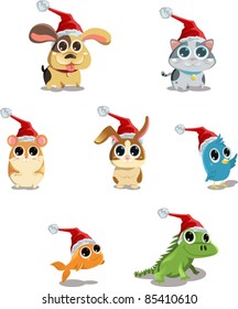 A vector illustration of cute animals wearing Santa hat