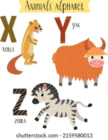 vector illustration of cute animals from X to Z. Children's alphabet in pictures.
