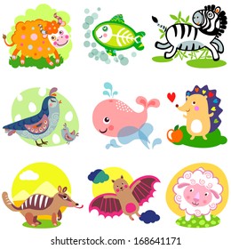 Vector illustration of cute animals: Yak, x-ray fish, zebra, quail, whale, hedgehog, numbat, anteater, vampire bat, sheep.