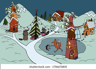 Vector Illustration cute animation village with trees in winter and wild animals. Fox, hedgehog, bears and raccoons. In blue and brown colours