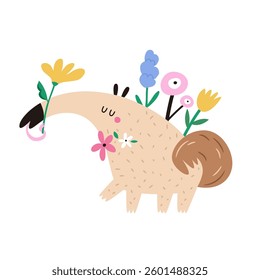 Vector illustration of cute anteater with blooming flowers in a childish flat style. Perfect for frame arts, decorations, prints