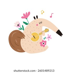 Vector illustration of cute anteater with blooming flowers in a childish flat style. Perfect for frame arts, decorations, prints