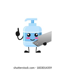 vector illustration of Cute Antiseptic Liquid soap mascot or character holding laptop. Antiseptic Liquid soap character concept.