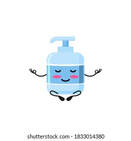 ilustración vectorial de la mascota de jabón líquido antiséptico Cute o meditación mental de carácter en la pose de yoga de loto. Concepto antiséptico de personaje de jabón líquido.