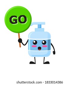 vector illustration of Cute Antiseptic Liquid soap mascot or character holding sign says go. Antiseptic Liquid soap character concept.