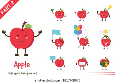 Vector illustration of cute apple fruit poses set. Isolated on white background.