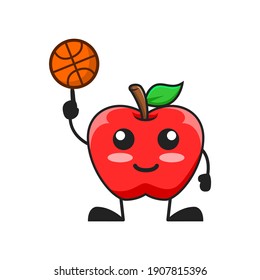 vector illustration of cute apple fruit sport or character play basket ball. cute apple fruit Concept White Isolated. Flat Cartoon Style Suitable for Landing Page, Banner, Flyer, Sticker.