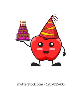 vector illustration of cute apple fruit birthday or character holding cake. cute apple fruit Concept White Isolated. Flat Cartoon Style Suitable for Landing Page, Banner, Flyer, Sticker.