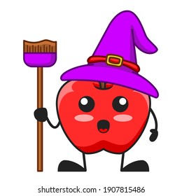 vector illustration of cute apple fruit halloween or character witch broom. cute apple fruit Concept White Isolated. Flat Cartoon Style Suitable for Landing Page, Banner, Flyer, Sticker.
