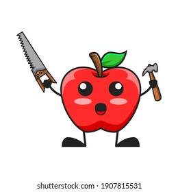 Vektorgrafik von süßem Apfelfruchtdienst oder Charakter, der Sägehammer hält. süße Apfelfrucht Konzept weiß einzeln. Flat Cartoon Style Geeignet für Landing Page, Banner, Flyer, Sticker.
