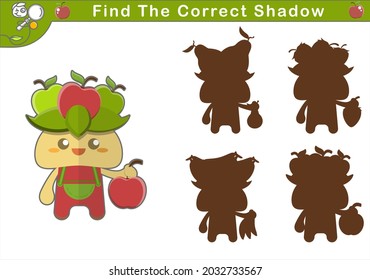 vector illustration of a cute apple mascot. Find the correct shadow, educational game for kids. set of cute fruit mascot. chibi character. suitable for children's learning. visual learning for kids